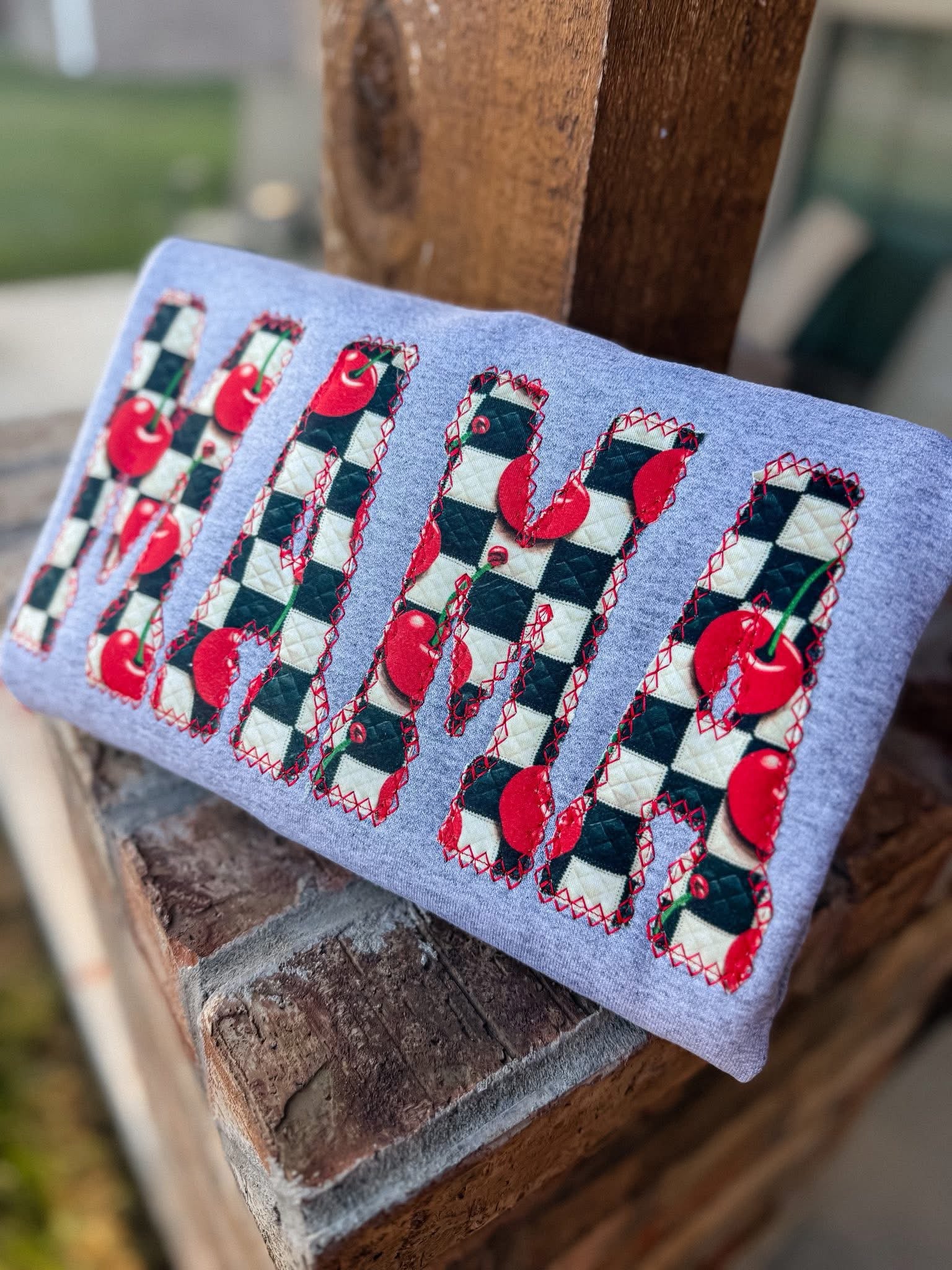 Checkered Cherry Mama Embroidery Sweatshirt