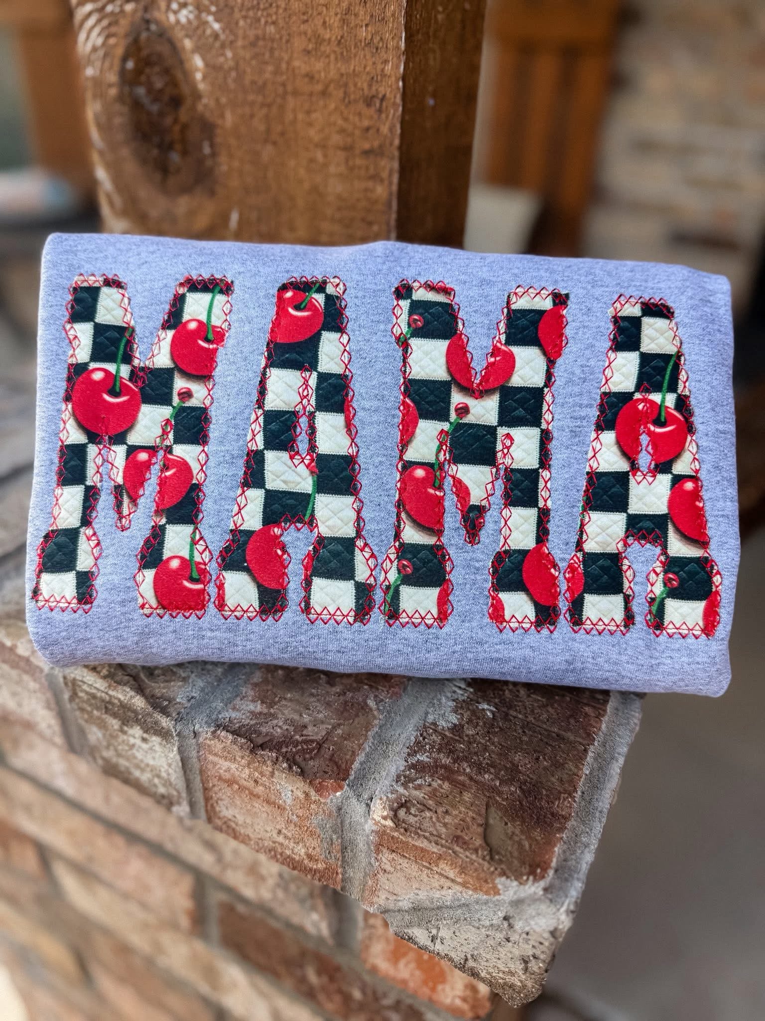 Checkered Cherry Mama Embroidery Sweatshirt