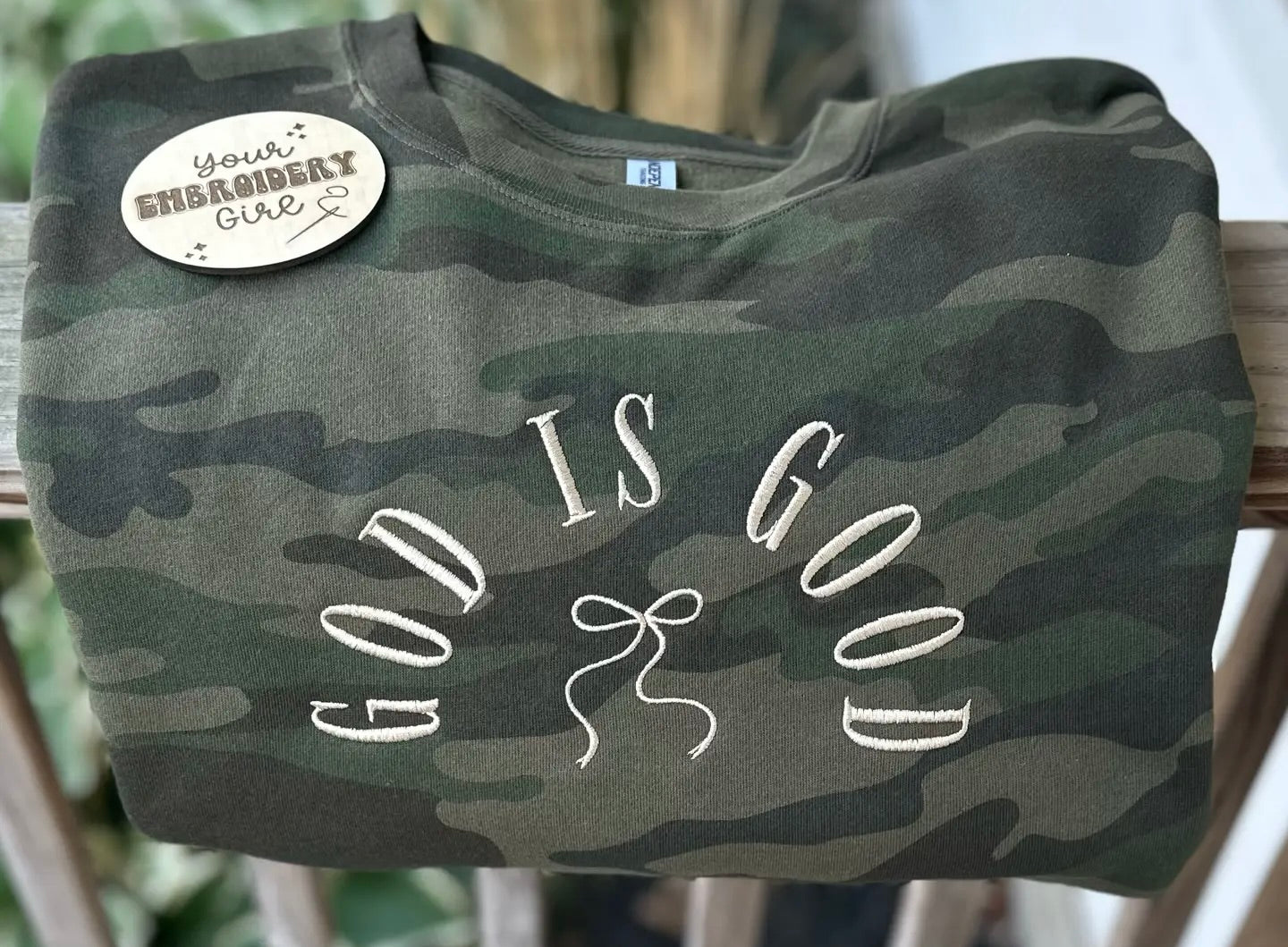God Is Good Camo Embroidered Crewneck
